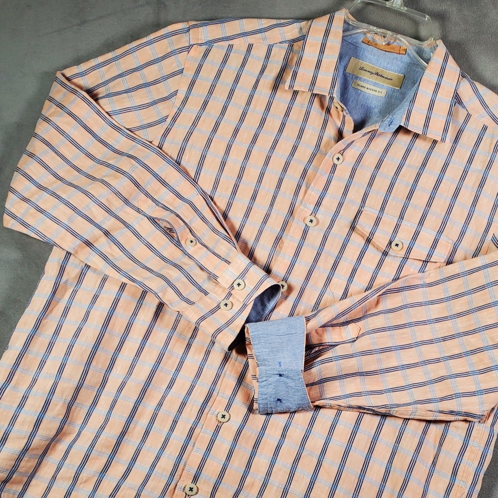 Tommy Bahama Shirt Mens L Pastel Stripe Island Modern Fit Linen Blend LS Beach‎